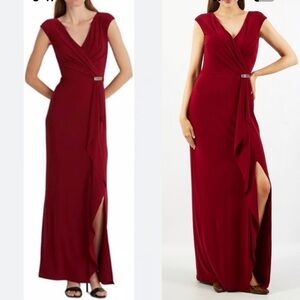 Ralph Lauren Maxi Dress Women 4 Formal Gown Slit Front Garnet Red Rhinestone B28